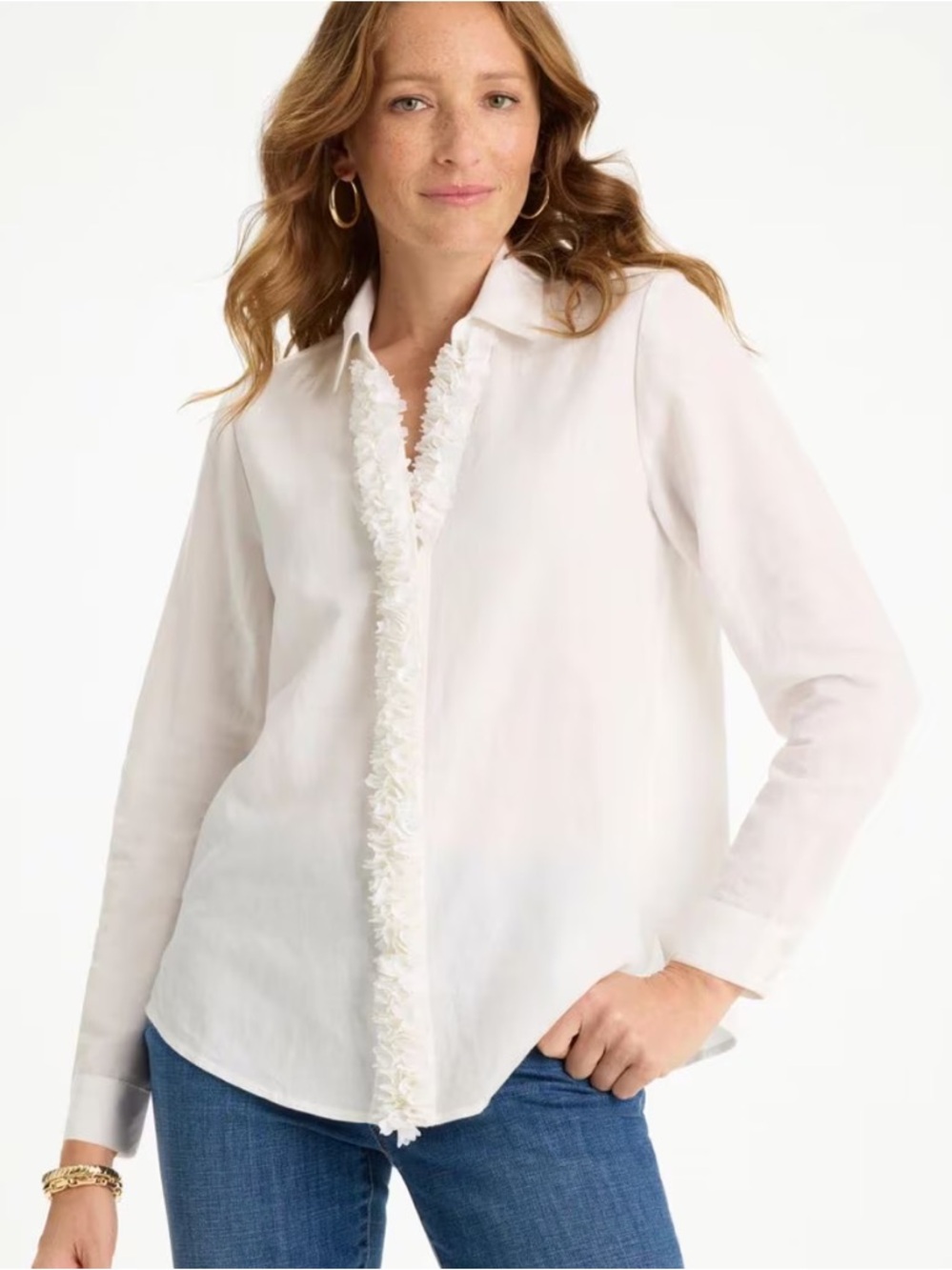 Chicos White Floral Appliqué “Ruffle” Linen Tunic
